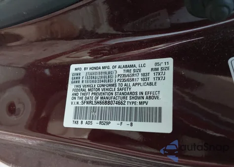 2011 Honda Odyssey Ex-L z USA, uszkodzony, nr VIN 5FNRL5H66BB074662